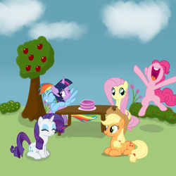 Size: 4000x4000 | Tagged: safe, artist:evan555alpha, derpibooru exclusive, applejack, fluttershy, pinkie pie, rainbow dash, rarity, twilight sparkle, earth pony, pegasus, pony, unicorn, absurd resolution, apple tree, bush, cake, celebration, flower, food, happy birthday mlp:fim, mane six, mlp fim's seventh anniversary, outdoors, table, tree