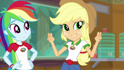 Size: 1280x720 | Tagged: safe, derpibooru import, screencap, applejack, rainbow dash, equestria girls, legend of everfree, camp everfree outfits, cowboy hat, duo, duo female, female, hand on hip, hat, stetson