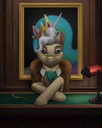 Size: 2787x3500 | Tagged: safe, artist:difetra, mayor mare, princess celestia, alicorn, changeling, earth pony, pony, commission, explicit source, fanfic, fanfic art, green eyes, looking at you, sitting, smug