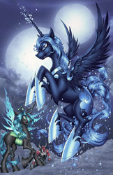 Size: 400x618 | Tagged: safe, artist:jamietyndall, artist:tracywong, lord tirek, nightmare moon, queen chrysalis, changeling, changeling queen, cover, flying, moon, raised hoof