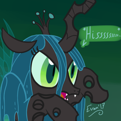 Size: 1500x1500 | Tagged: safe, artist:evan555alpha, derpibooru exclusive, queen chrysalis, changeling, changeling queen, avatar, cute, cutealis, descriptive noise, female, gradient background, hissing, onomatopoeia, oooooh, signature, solo