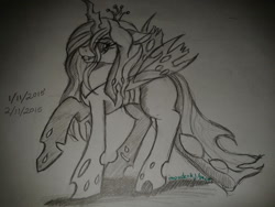 Size: 1024x768 | Tagged: safe, artist:invaderkj, queen chrysalis, changeling, changeling queen, monochrome, solo, traditional art