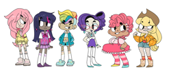 Size: 1280x539 | Tagged: safe, artist:nebularva, derpibooru import, applejack, fluttershy, pinkie pie, rainbow dash, rarity, twilight sparkle, human, argyle, bandaid, cardigan, chibi, clothes, cute, dark skin, glasses, hairy legs, humanized, light skin, line-up, mane six, moderate dark skin, skirt, suspenders, sweater vest, sweatershy, thick eyebrows, tube skirt, undercut, winged shoes