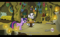 Size: 1024x640 | Tagged: safe, derpibooru import, screencap, twilight sparkle, zecora, zebra, magic duel, youtube caption