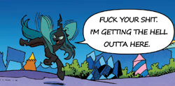 Size: 695x343 | Tagged: safe, edit, idw, queen chrysalis, changeling, changeling queen, spoiler:comic36, dialogue, fuck your shit, solo, vulgar