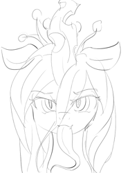 Size: 384x512 | Tagged: safe, artist:umejiru, queen chrysalis, changeling, changeling queen, looking at you, monochrome, solo, tongue out