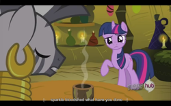 Size: 1024x640 | Tagged: safe, derpibooru import, screencap, twilight sparkle, zecora, zebra, magic duel, youtube caption