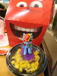 Size: 4140x5520 | Tagged: safe, derpibooru import, rainbow dash, pony, absurd resolution, barely pony related, behind you, food, happy (mcdonalds), imminent vore, irl, kitchen eyes, mcdonald's happy meal toys, open mouth, photo, salad, toy, wat