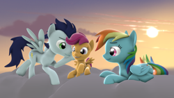 Size: 1920x1080 | Tagged: safe, artist:charlydasher, derpibooru import, rainbow dash, scootaloo, soarin', pegasus, pony, 3d, cloud, cute, happiness, happy, scootalove, soarindash, source filmmaker, sunset