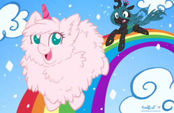 Size: 1280x828 | Tagged: safe, artist:abbystarling, artist:mixermike622, queen chrysalis, oc, oc:fluffle puff, changeling, changeling queen, pink fluffy unicorns dancing on rainbows, rainbow