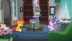 Size: 1920x1080 | Tagged: safe, screencap, starlight glimmer, sunburst, pony, unicorn, the cutie re-mark, blaze (coat marking), book, colt, colt sunburst, cute, duo, eyes closed, filly, filly starlight glimmer, glimmerbetes, jenga, sitting, socks (coat marking), younger