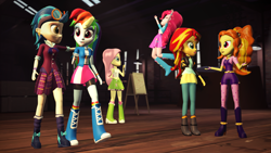 Size: 1920x1080 | Tagged: safe, artist:razethebeast, derpibooru import, adagio dazzle, fluttershy, indigo zap, pinkie pie, rainbow dash, sunset shimmer, equestria girls, friendship games, rainbow rocks, 3d, clothes, crystal prep academy uniform, eyes closed, goggles, group, jumping, looking at each other, open mouth, school uniform, smiling, source filmmaker, walking