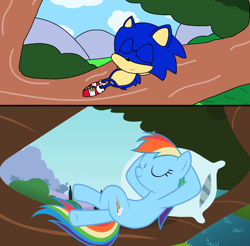 Size: 1024x1008 | Tagged: safe, artist:harmony--bunny, derpibooru import, rainbow dash, pegasus, pony, crossover, redraw, resting, screenshots, sonic the hedgehog, sonic the hedgehog (series)