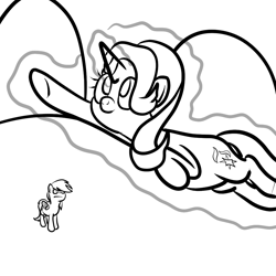 Size: 1000x1000 | Tagged: safe, artist:bennimarru, derpibooru import, rainbow dash, starlight glimmer, pegasus, pony, unicorn, 30 minute art challenge, :t, flying, grayscale, levitation, lineart, magic, monochrome, self-levitation, smiling, telekinesis