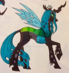 Size: 1024x1085 | Tagged: safe, artist:ninetailedfoxfox, queen chrysalis, changeling, changeling queen, deviantart watermark, fangs, female, raised hoof, solo, traditional art, watermark