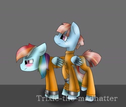 Size: 1414x1212 | Tagged: safe, artist:trixie-the-madhatter, derpibooru import, rainbow dash, windy whistles, pegasus, pony, blushing, bound wings, chains, clothes, cuffed, cuffs, duo, female, like mother like daughter, mare, mother and child, mother and daughter, parent and child, prison outfit, prisoner rd, raised hoof