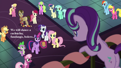 Size: 1280x720 | Tagged: safe, derpibooru import, edit, edited screencap, screencap, applejack, bon bon, cheerilee, cherry berry, daisy, doctor whooves, flower wishes, fluttershy, lily, lily valley, lyra heartstrings, rainbow dash, rarity, roseluck, spike, starlight glimmer, sweetie drops, twilight sparkle, twilight sparkle (alicorn), alicorn, dragon, earth pony, pegasus, pony, unicorn, a hearth's warming tail, gilbert and sullivan, lyrics, plot, song reference, text, the gondoliers, tom baker's scarf