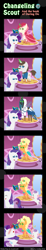 Size: 600x3263 | Tagged: safe, artist:vavacung, applejack, applejack (male), hondo flanks, queen chrysalis, rarity, roseluck, sweetie belle, changeling, changeling queen, earth pony, pony, unicorn, comic:changeling-scout, applejewel, assassin's creed, blood, comic, ladyboner, nosebleed, pointy ponies, rule 63