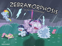 Size: 4000x3000 | Tagged: safe, artist:wadusher0, derpibooru import, applejack, fluttershy, pinkie pie, rainbow dash, rarity, twilight sparkle, twilight sparkle (alicorn), alicorn, zebra, zebracorn, absurd resolution, cover, fanfic, lightning, mane six, race swap, rain, species swap, zebra alicorn, zebrafied, zebrasus