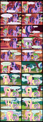 Size: 1000x2840 | Tagged: safe, artist:mixermike622, derpibooru import, fluttershy, spike, twilight sparkle, dragon, pegasus, pony, birthday, birthday gift, brownies, comic