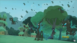 Size: 1366x768 | Tagged: safe, screencap, queen chrysalis, changeling, changeling queen, the cutie re-mark, alternate timeline, changeling officer, chrysalis resistance timeline, discovery family logo, female