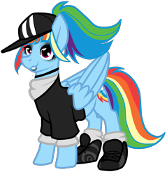 Size: 1410x1477 | Tagged: safe, artist:/d/non, derpibooru exclusive, derpibooru import, rainbow dash, pegasus, pony, alternate hairstyle, bangs, baseball cap, cap, choker, clothes, eyeshadow, female, goth, hat, health goth, lipstick, makeup, mare, ponytail, shirt, shoes, simple background, solo, transparent background