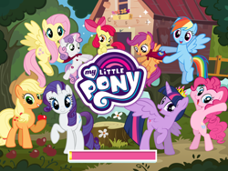 Size: 2048x1536 | Tagged: safe, derpibooru import, apple bloom, applejack, fluttershy, pinkie pie, rainbow dash, rarity, scootaloo, sweetie belle, twilight sparkle, twilight sparkle (alicorn), alicorn, earth pony, pegasus, pony, unicorn, cutie mark crusaders, gameloft, gameloft event: the cutie mark crusade, loading screen, mane six, my little pony logo