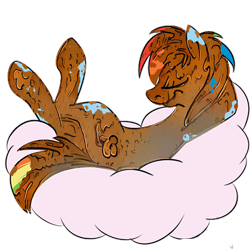 Size: 1200x1200 | Tagged: safe, artist:calicopikachu, derpibooru import, edit, rainbow dash, pegasus, pony, cloud, cute, cutie mark, eyes closed, female, hooves, lying down, lying on a cloud, mare, mud, muddy, on a cloud, on back, ostagram, simple background, solo, transparent background, wingless