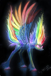 Size: 1264x1885 | Tagged: safe, artist:lol-katrina, derpibooru import, rainbow dash, pegasus, pony, black background, colored wings, female, mare, multicolored wings, rainbow wings, simple background, solo, spread wings, traditional art, unshorn fetlocks, wings