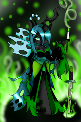 Size: 1024x1536 | Tagged: safe, artist:mongoosegoddess, queen chrysalis, anthro, changeling, changeling queen, female, horn, solo