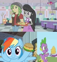 Size: 1134x1244 | Tagged: safe, derpibooru import, screencap, octavia melody, rainbow dash, sandalwood, spike, dance magic, equestria girls, the ticket master, trade ya, spoiler:eqg specials, burger, comparison, food, french fries, hay fries, oat burger, oats