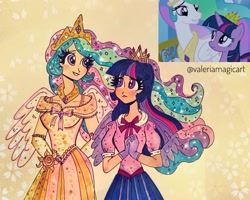 Size: 2236x1789 | Tagged: safe, artist:valeriamagicart, derpibooru import, screencap, princess celestia, twilight sparkle, twilight sparkle (alicorn), alicorn, human, twilight's kingdom, blushing, clothes, crown, gloves, humanized, jewelry, regalia, ribbon, scene interpretation, screencap reference, traditional art, winged humanization, wings