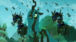 Size: 1600x900 | Tagged: safe, screencap, queen chrysalis, changeling, changeling queen, the cutie re-mark, alternate timeline, armor, changeling officer, chrysalis resistance timeline, female, flying