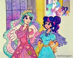 Size: 2236x1788 | Tagged: safe, artist:valeriamagicart, derpibooru import, screencap, princess celestia, twilight sparkle, twilight sparkle (alicorn), alicorn, human, make new friends but keep discord, clothes, dress, duo, evening gloves, female, gala dress, gloves, humanized, long gloves, marker drawing, scene interpretation, screencap reference, signature, traditional art, winged humanization, wings