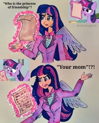 Size: 1789x2235 | Tagged: safe, artist:valeriamagicart, derpibooru import, screencap, twilight sparkle, twilight sparkle (alicorn), alicorn, human, pony, marks for effort, bow, clothes, female, humanized, mare, scene interpretation, screencap reference, winged humanization, wings, your mom