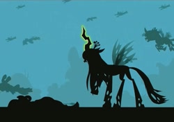 Size: 1091x767 | Tagged: safe, screencap, queen chrysalis, zecora, changeling, changeling queen, zebra, the cutie re-mark, alternate timeline, chrysalis resistance timeline, glowing horn, resistance leader zecora, silhouette, war, you know for kids