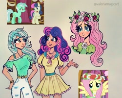 Size: 3897x3120 | Tagged: safe, artist:valeriamagicart, derpibooru import, bon bon, fluttershy, lyra heartstrings, sweetie drops, earth pony, human, pegasus, unicorn, slice of life (episode), clothes, female, floral head wreath, flower, humanized, scene interpretation, smiling, traditional art