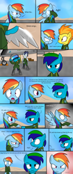 Size: 1024x2432 | Tagged: safe, artist:pandramodo, derpibooru import, rainbow dash, soarin', spitfire, oc, oc:dark rainbow, pegasus, pony, ace combat, angry, bright, gasp, grin, grunt, nervous, nervous grin, prosthetic wing, shocked, smiling, spread wings, wingboner, wings