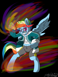 Size: 3000x4000 | Tagged: safe, artist:kimmico1234, derpibooru import, rainbow dash, pegasus, pony, bipedal, black background, clothes, colored pupils, female, glowing eyes, grin, heart eyes, jacket, mare, pants, signature, simple background, smiling, solo, wingding eyes