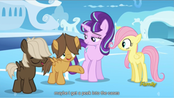 Size: 1279x720 | Tagged: safe, screencap, dumbbell, fluttershy, hoops, starlight glimmer, pegasus, pony, the cutie re-mark, discovery family logo, meme, s5 starlight, youtube caption