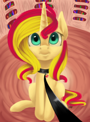 Size: 3500x4725 | Tagged: safe, artist:rabidpanda7, sunset shimmer, pony, unicorn, collar, cutie mark collar, dominant pov, golden oaks library, leash, offscreen character, pet, pet play, pet tag, pov, solo