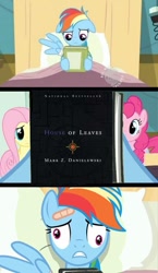 Size: 581x1000 | Tagged: safe, derpibooru import, edit, edited screencap, screencap, fluttershy, pinkie pie, rainbow dash, earth pony, pegasus, pony, read it and weep, bed, book, book cover, comic, derp, hospital bed, house of leaves, meme, reading rainbow, screencap comic