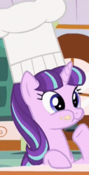 Size: 304x600 | Tagged: safe, screencap, starlight glimmer, pony, unicorn, the cutie re-mark, animated, aweeg*, chef's hat, chewing, cupcake frosting, cute, eating, female, friends are always there for you, glimmerbetes, hat, loop, mare, munching, nom, puffy cheeks, raised hoof, smiling, solo