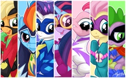 Size: 2560x1600 | Tagged: safe, artist:mysticalpha, derpibooru import, applejack, fili-second, fluttershy, humdrum, masked matter-horn, mistress marevelous, pinkie pie, radiance, rainbow dash, rarity, saddle rager, spike, twilight sparkle, twilight sparkle (alicorn), zapp, alicorn, dragon, earth pony, pegasus, pony, unicorn, power ponies (episode), action poster, female, line-up, mane seven, mane six, mare, power ponies, wallpaper