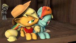 Size: 1920x1080 | Tagged: safe, artist:hellmille, derpibooru import, applejack, derpy hooves, rainbow dash, earth pony, pegasus, pony, 3d, appledash, clothes, cowboy hat, female, hat, kissing, lesbian, prone, scarf, shipping, source filmmaker, stetson