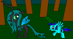 Size: 1209x641 | Tagged: safe, artist:killerbug2357, queen chrysalis, oc, oc:angelica, alicorn, changeling, changeling queen, pony, 1000 hours in ms paint, alicorn oc, magic, ms paint