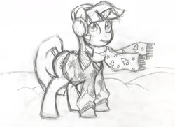 Size: 1280x934 | Tagged: safe, artist:pippy, derpibooru import, twilight sparkle, clothes, earmuffs, monochrome, scarf, snow, solo, traditional art, winter, wip