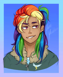 Size: 2400x2900 | Tagged: safe, artist:yumeyuuheii, derpibooru import, rainbow dash, human, bomber jacket, bust, clothes, dark skin, ear piercing, earring, faic, female, high res, humanized, jacket, jewelry, moderate dark skin, piercing, portrait, smug, smugdash, solo