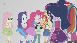 Size: 1136x638 | Tagged: safe, derpibooru import, screencap, applejack, fluttershy, pinkie pie, rainbow dash, rarity, sci-twi, sunset shimmer, twilight sparkle, equestria girls, mirror magic, spoiler:eqg specials, clothes, crossed arms, eyes closed, female, geode of shielding, geode of super strength, glasses, hug, humane seven, limbo, magical geodes, mirror world, pendant, ponytail, raised leg, smiling, teletoon