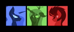 Size: 1356x589 | Tagged: safe, artist:flamevulture17, king sombra, nightmare moon, queen chrysalis, alicorn, changeling, changeling queen, pony, unicorn, chrysombramoon, trio